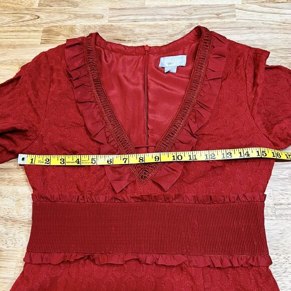 Finders Keepers Memento Dress Red Asymmetrical Ruffle Hem Embroidery Sz M - Picture 14 of 16